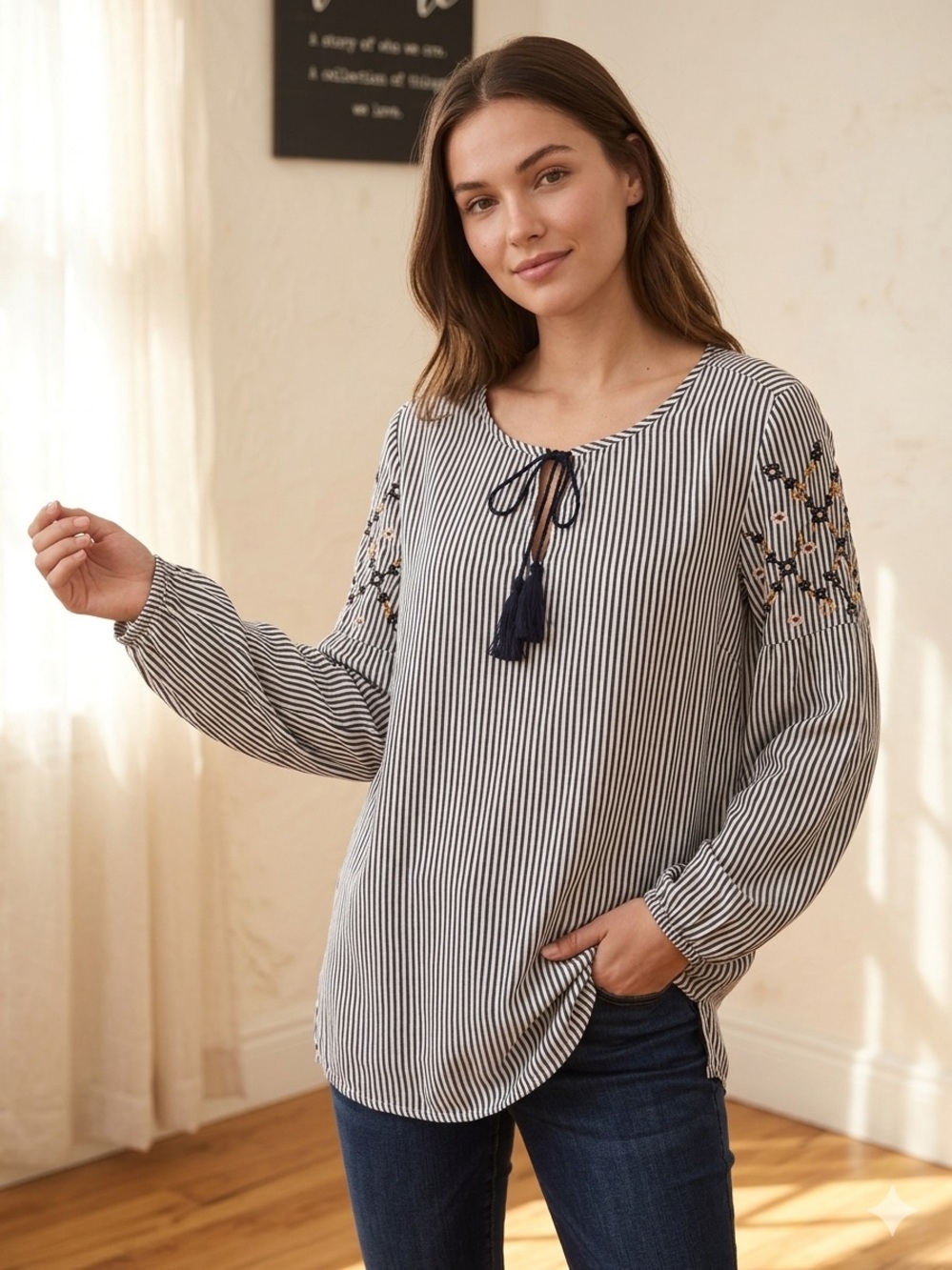 Old Navy Navy & White Striped Tassel Tie Blouse the tunic shirt